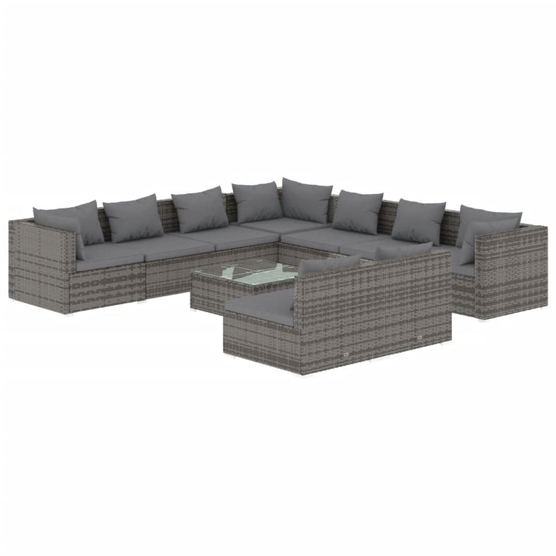 10-delige Loungeset met kussens poly rattan grijs