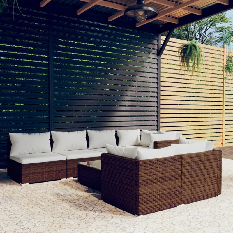 8-delige Loungeset met kussens poly rattan bruin