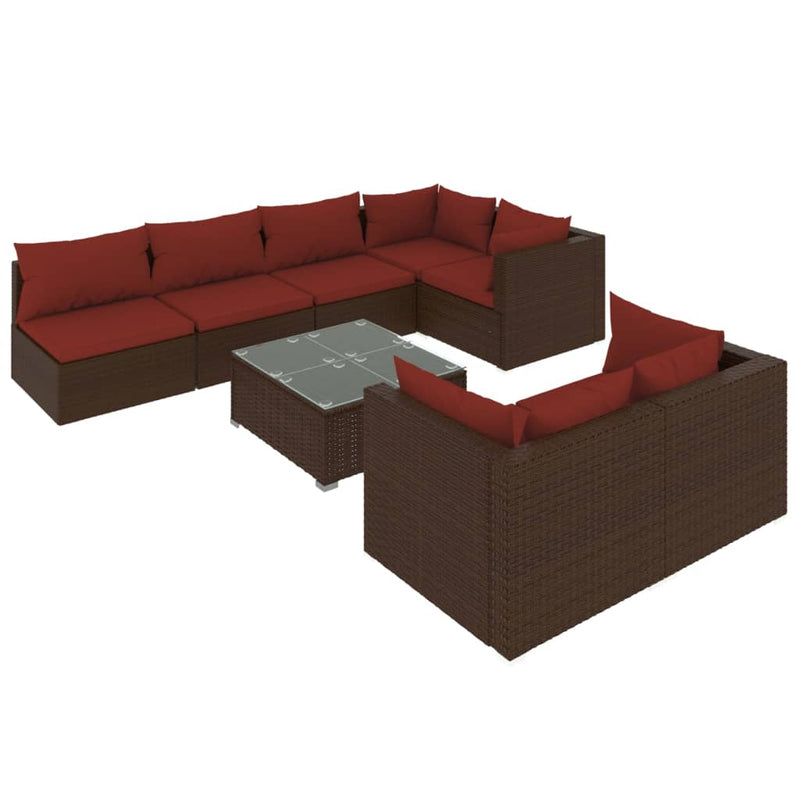 8-delige Loungeset met kussens poly rattan bruin