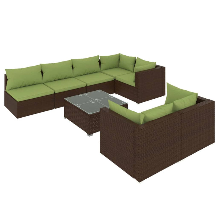 8-delige Loungeset met kussens poly rattan bruin