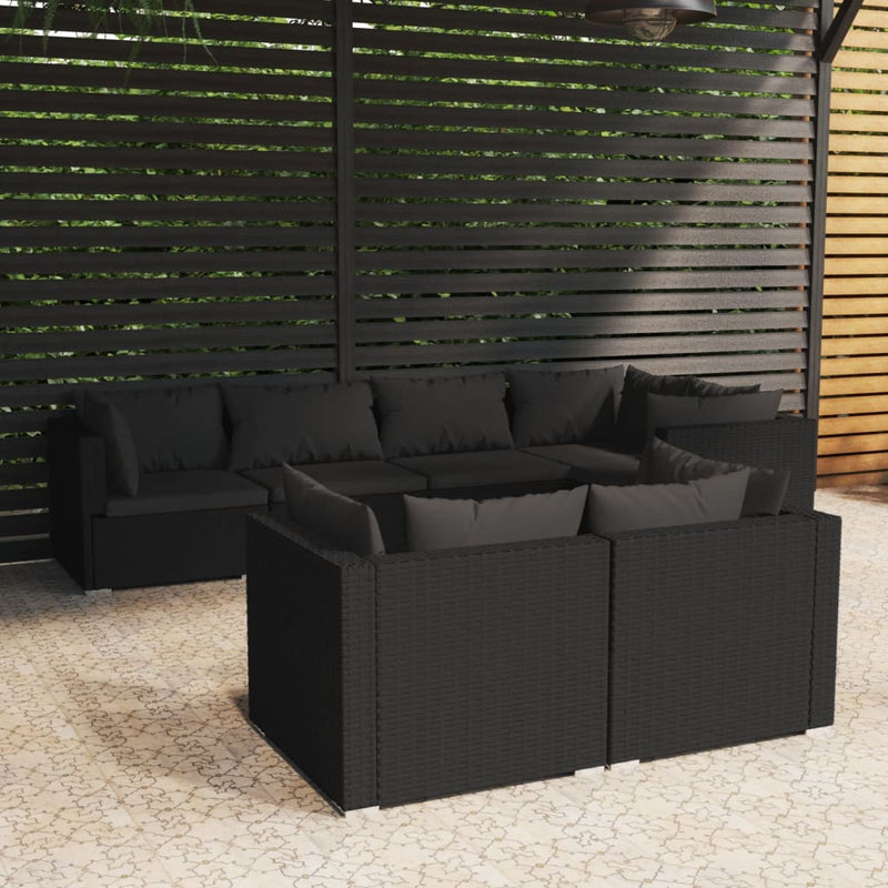 7-delige Loungeset met kussens poly rattan zwart MeubelReus