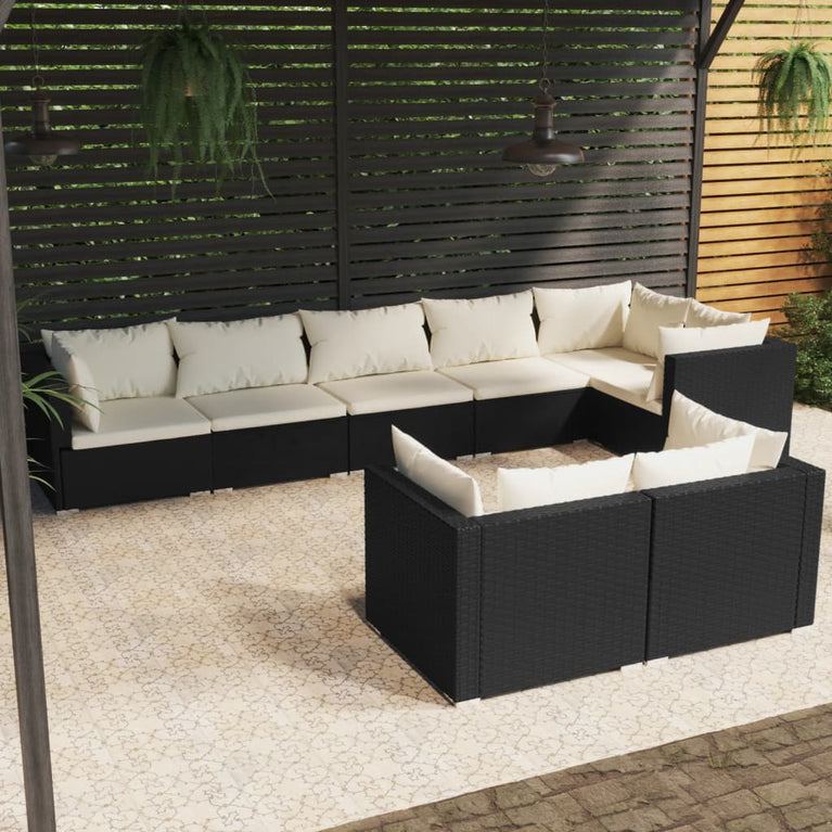 8-delige Loungeset met kussens poly rattan zwart