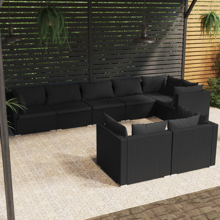8-delige Loungeset met kussens poly rattan zwart MeubelReus