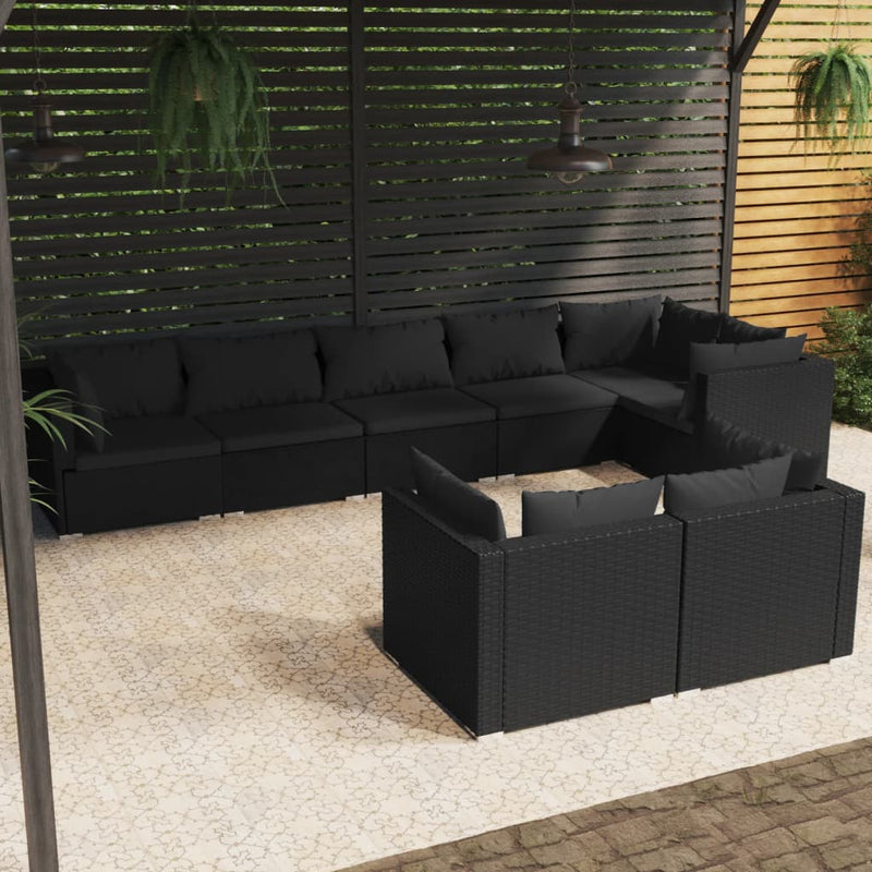 8-delige Loungeset met kussens poly rattan zwart MeubelReus