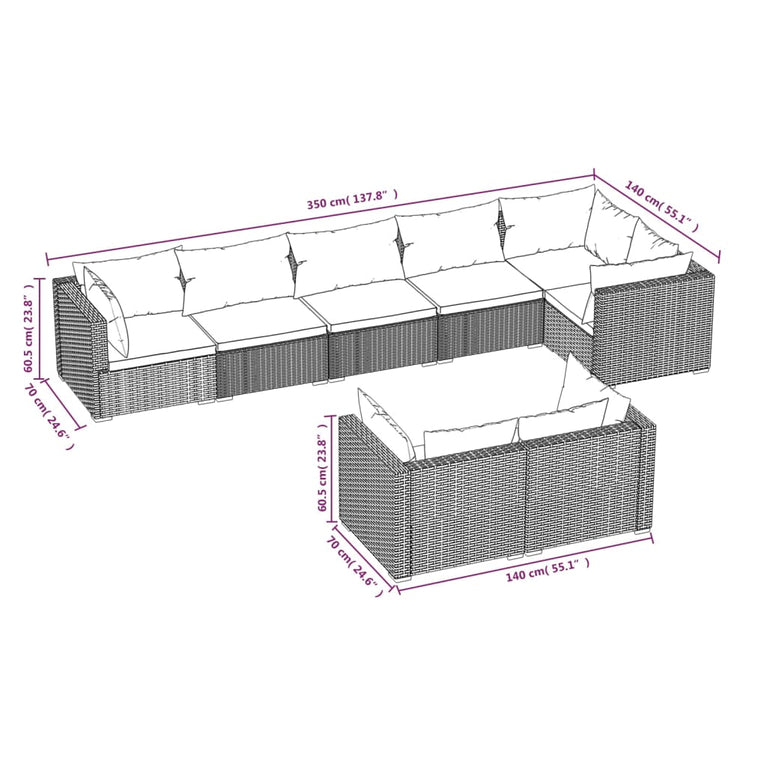 8-delige Loungeset met kussens poly rattan bruin