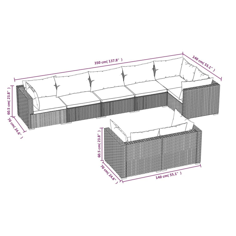 8-delige Loungeset met kussens poly rattan bruin