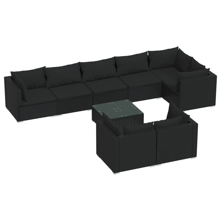 9-delige Loungeset met kussens poly rattan zwart