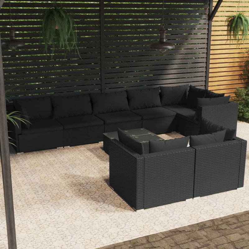 9-delige Loungeset met kussens poly rattan zwart