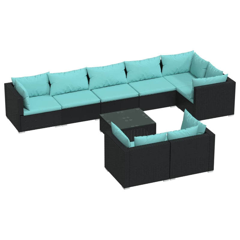 9-delige Loungeset met kussens poly rattan zwart