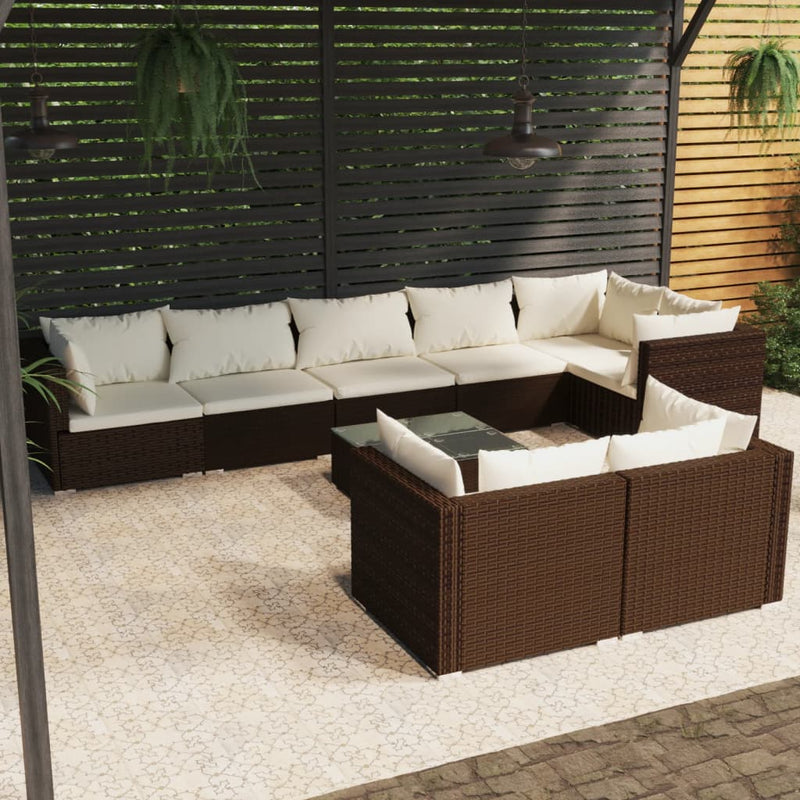9-delige Loungeset met kussens poly rattan bruin