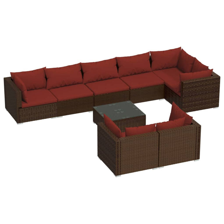 9-delige Loungeset met kussens poly rattan bruin