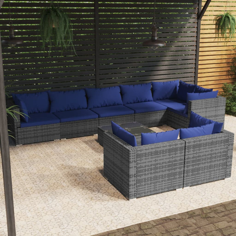 9-delige Loungeset met kussens poly rattan grijs