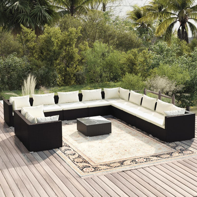 12-delige Loungeset met kussens poly rattan zwart