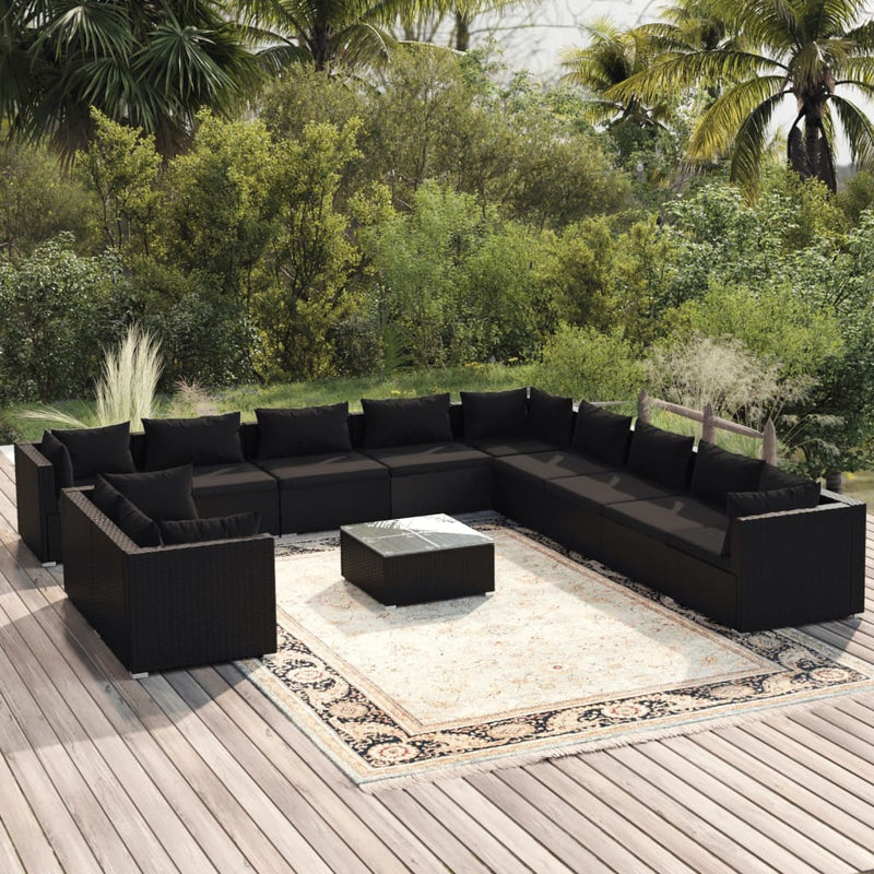 12-delige Loungeset met kussens poly rattan zwart