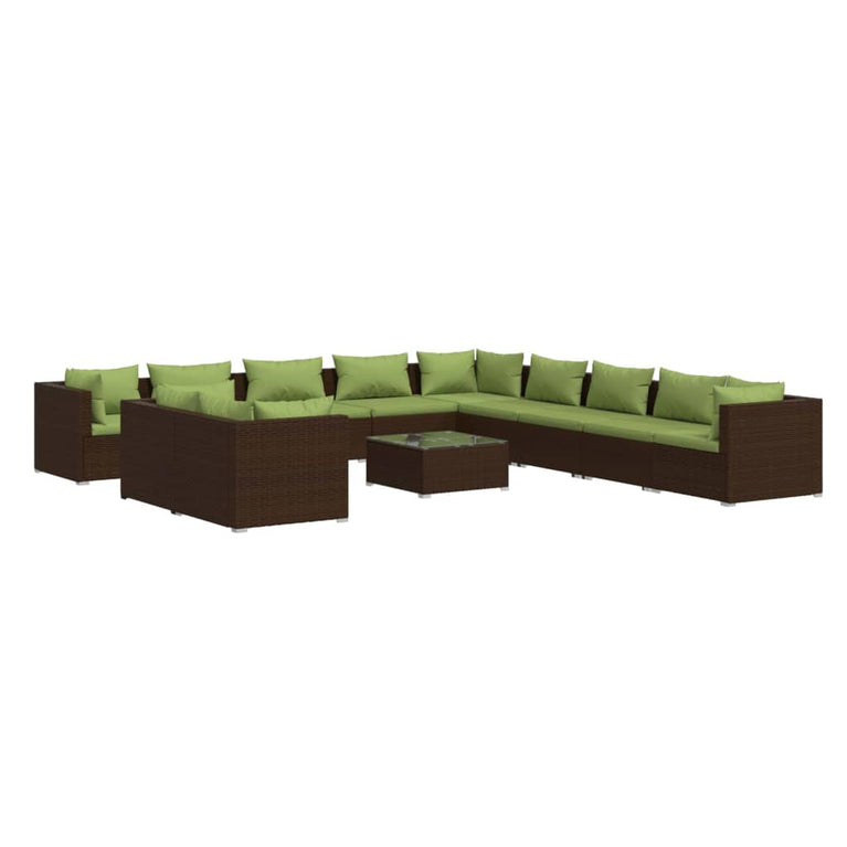 12-delige Loungeset met kussens poly rattan bruin
