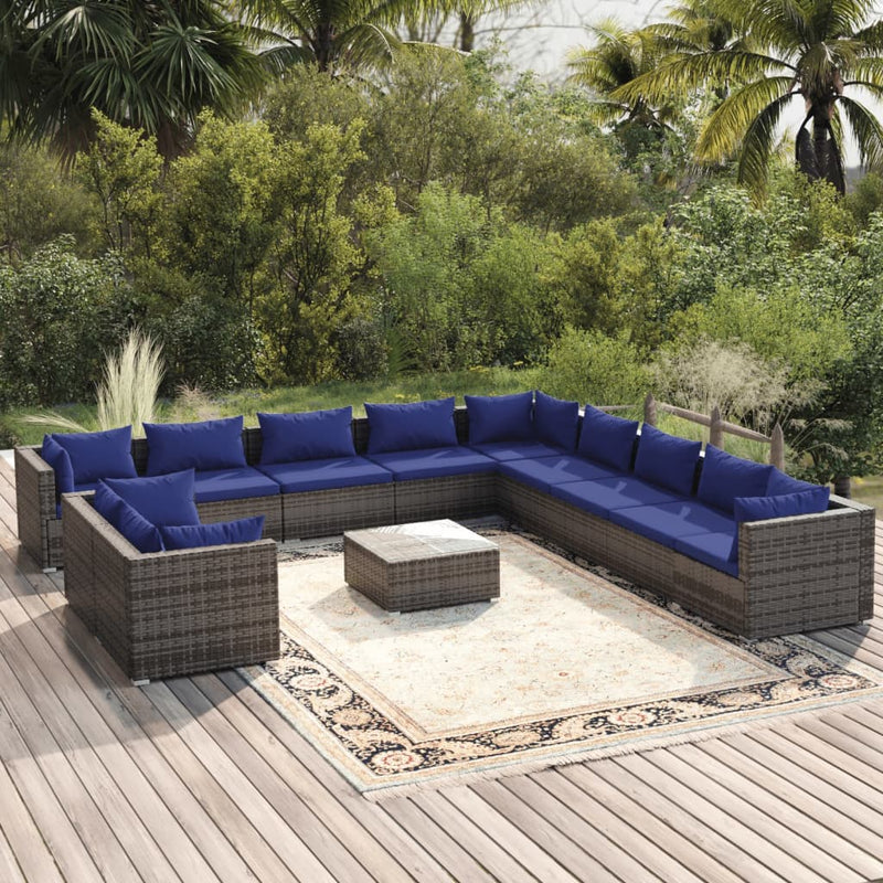 12-delige Loungeset met kussens poly rattan grijs