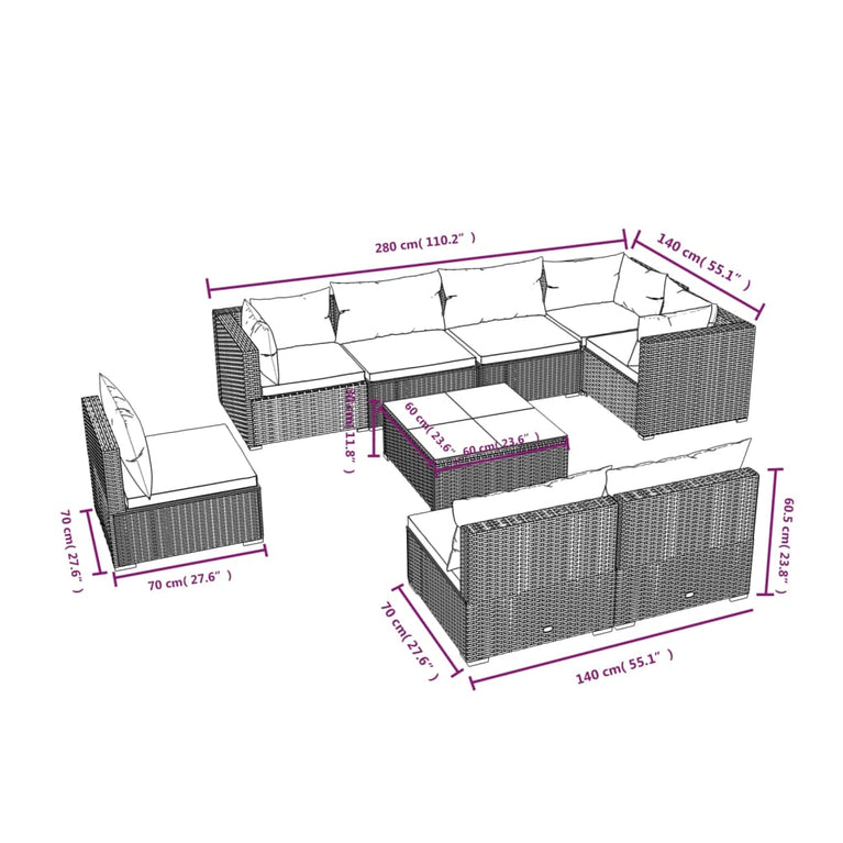 9-delige Loungeset met kussens poly rattan zwart