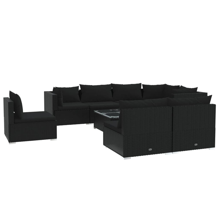 9-delige Loungeset met kussens poly rattan zwart