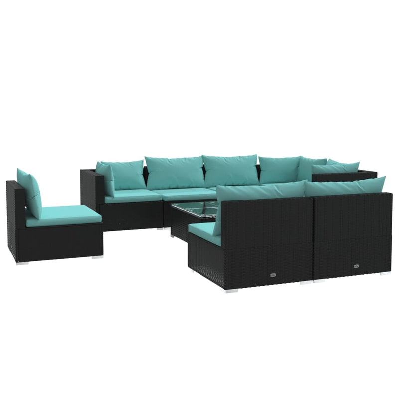 9-delige Loungeset met kussens poly rattan zwart