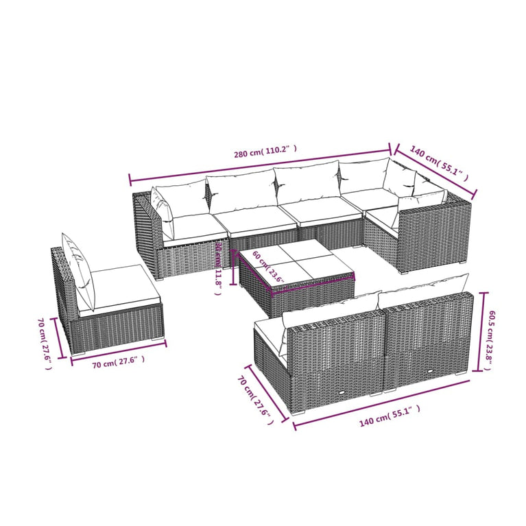 9-delige Loungeset met kussens poly rattan zwart