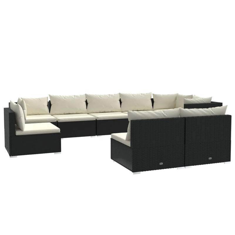 9-delige Loungeset met kussens poly rattan zwart