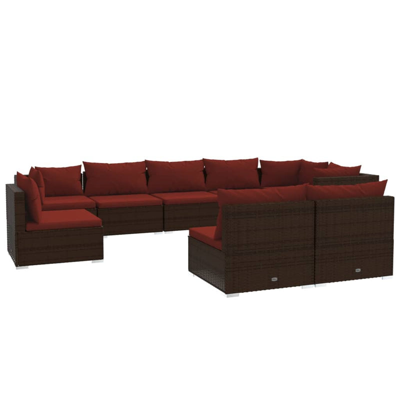 9-delige Loungeset met kussens poly rattan bruin