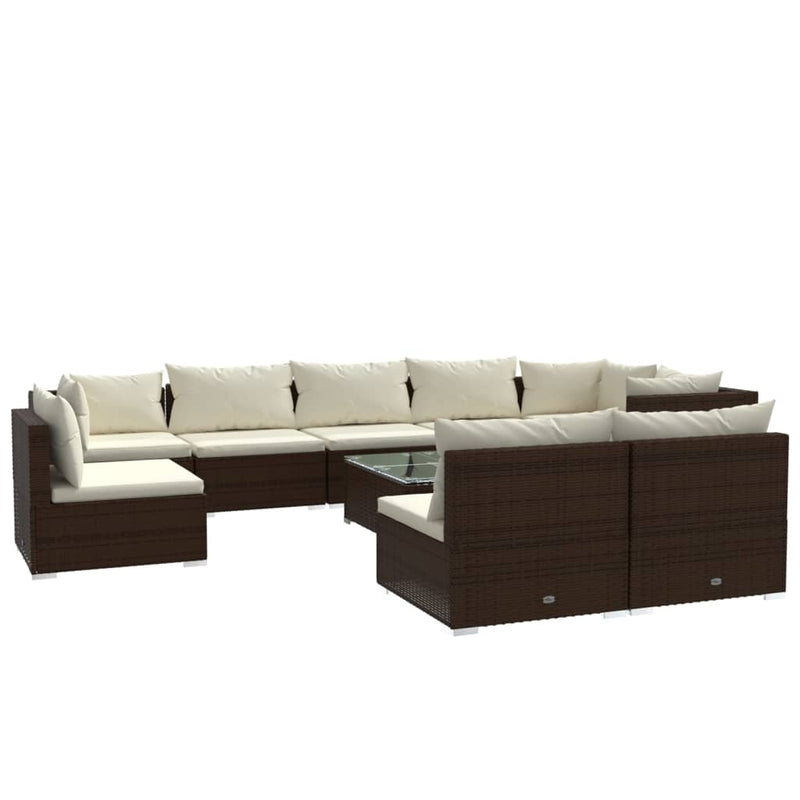 10-delige Loungeset met kussens poly rattan bruin