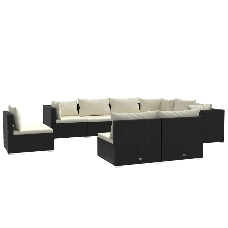 9-delige Loungeset met kussens poly rattan zwart