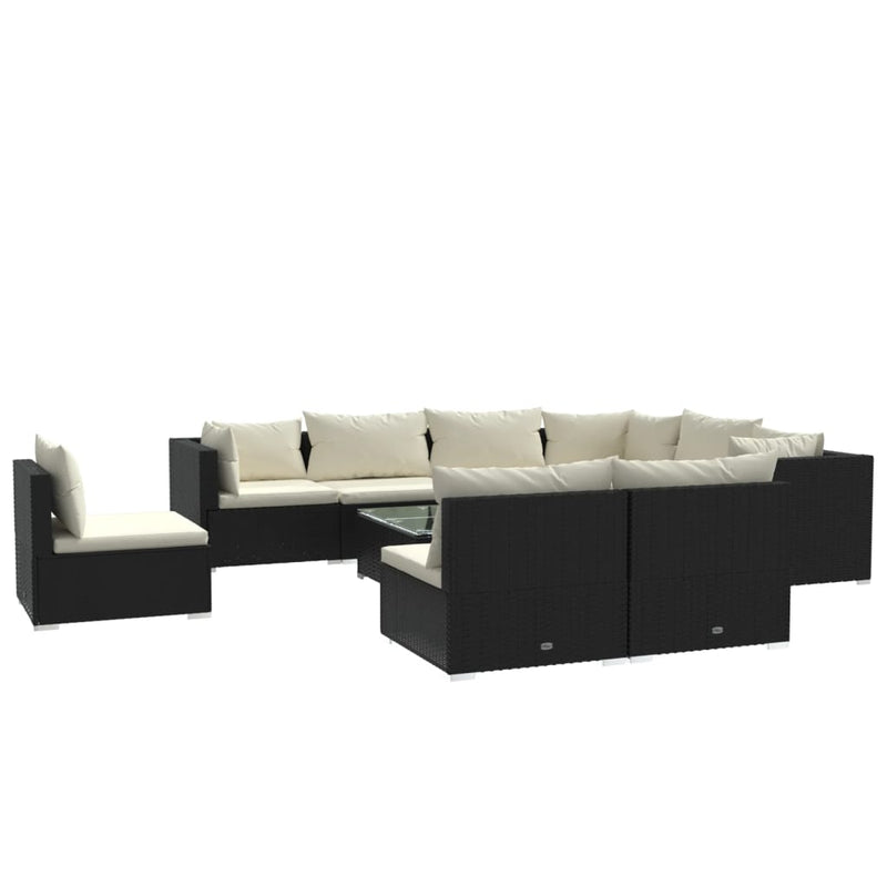 10-delige Loungeset met kussens poly rattan zwart