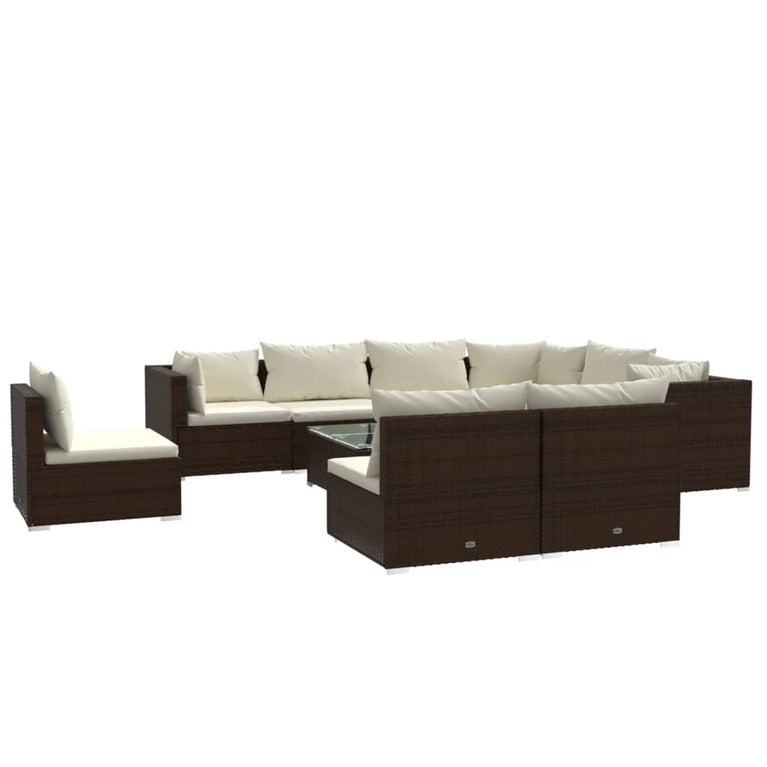10-delige Loungeset met kussens poly rattan bruin