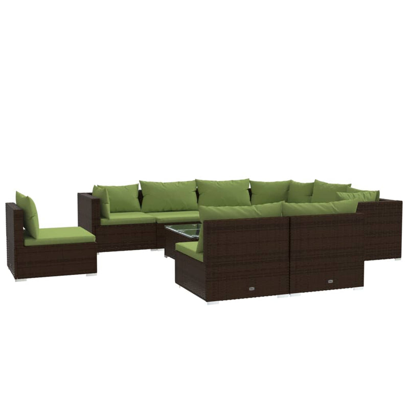 10-delige Loungeset met kussens poly rattan bruin