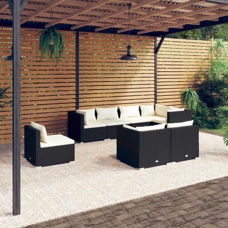 8-delige Loungeset met kussens poly rattan zwart