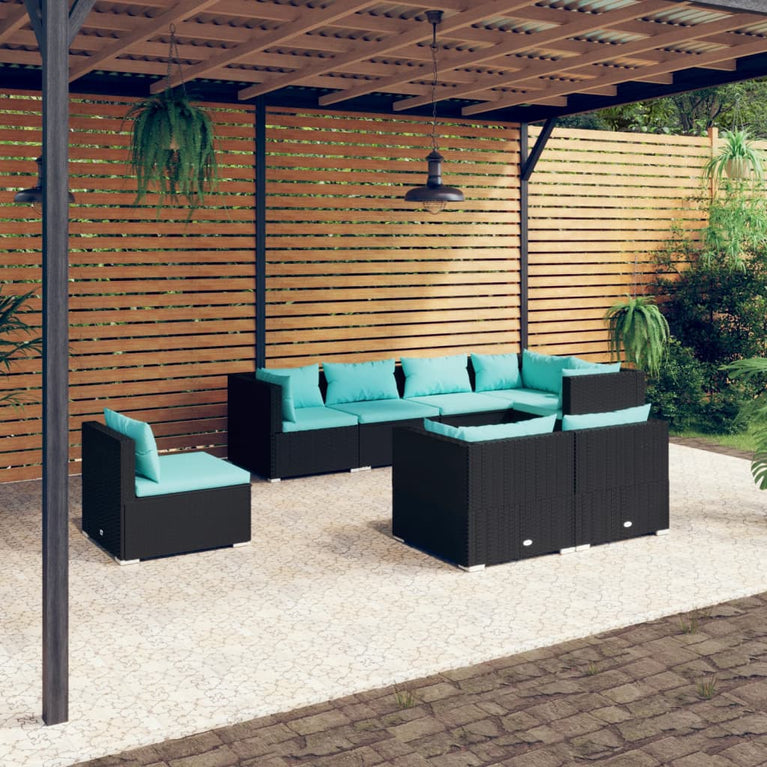 8-delige Loungeset met kussens poly rattan zwart MeubelReus