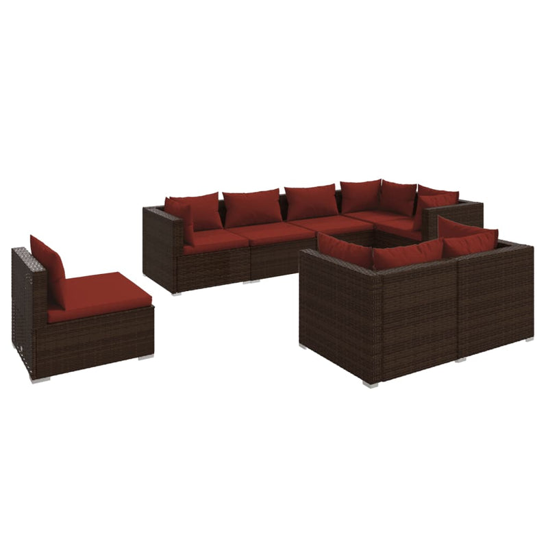 8-delige Loungeset met kussens poly rattan bruin