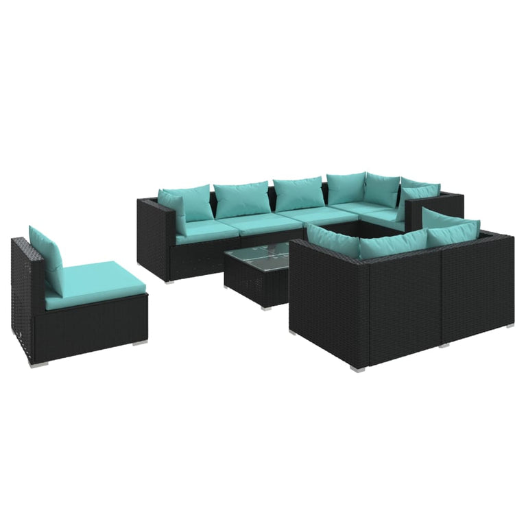 9-delige Loungeset met kussens poly rattan zwart