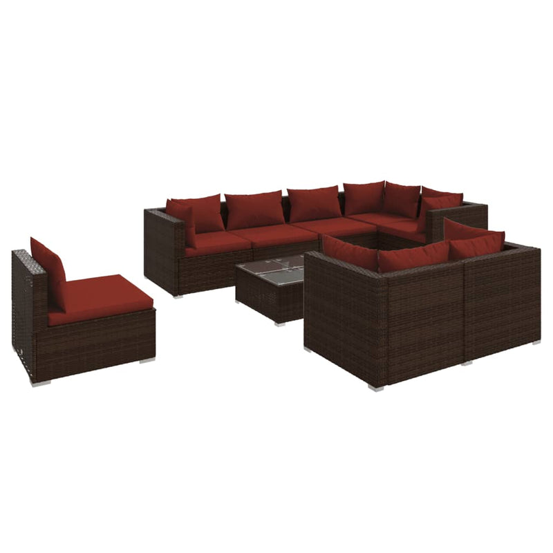 9-delige Loungeset met kussens poly rattan bruin