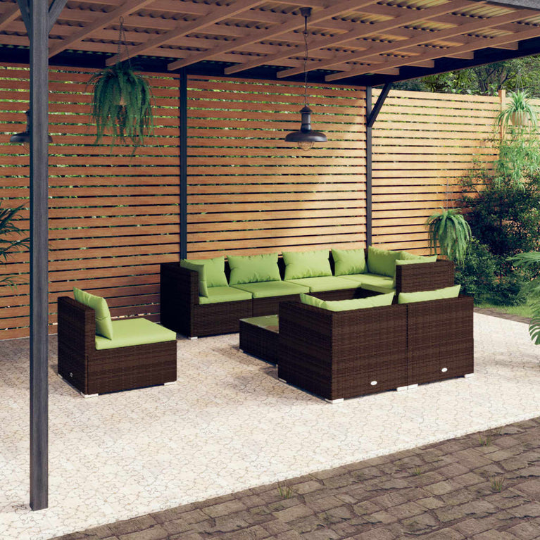 9-delige Loungeset met kussens poly rattan bruin