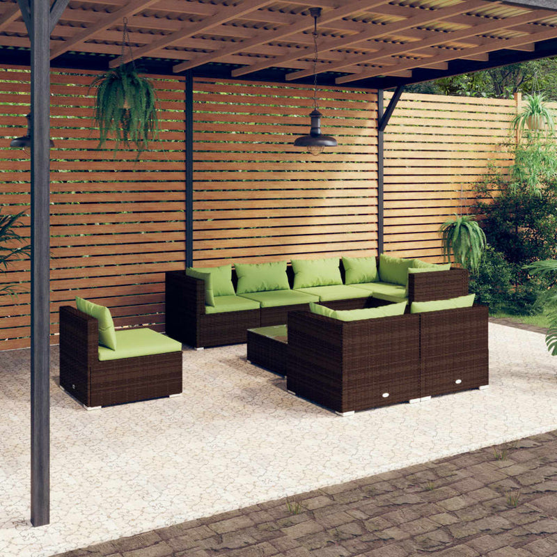 9-delige Loungeset met kussens poly rattan bruin