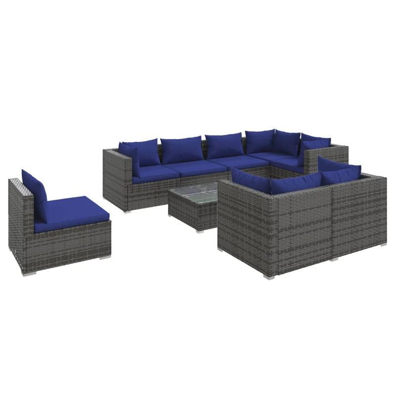 9-delige Loungeset met kussens poly rattan grijs