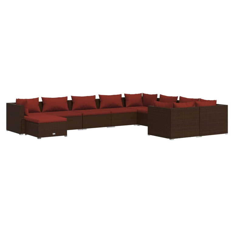 10-delige Loungeset met kussens poly rattan bruin