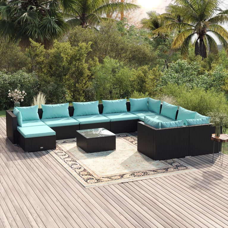 11-delige Loungeset met kussens poly rattan zwart
