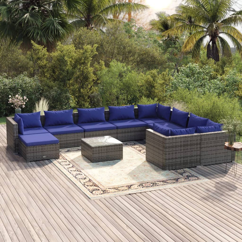 11-delige Loungeset met kussens poly rattan grijs