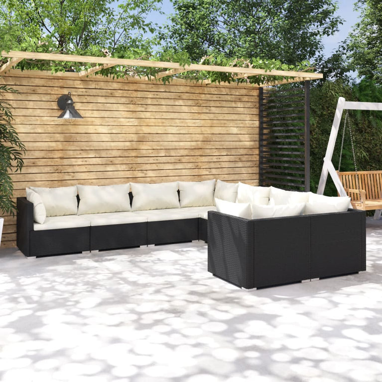 8-delige Loungeset met kussens poly rattan zwart MeubelReus