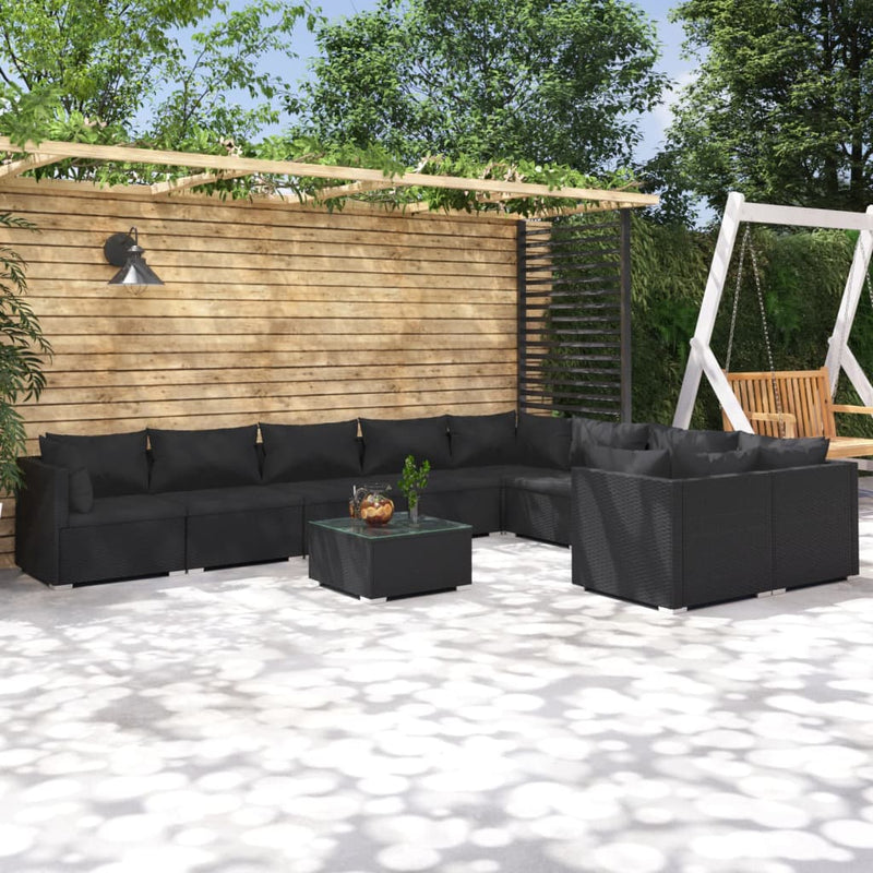 10-delige Loungeset met kussens poly rattan zwart