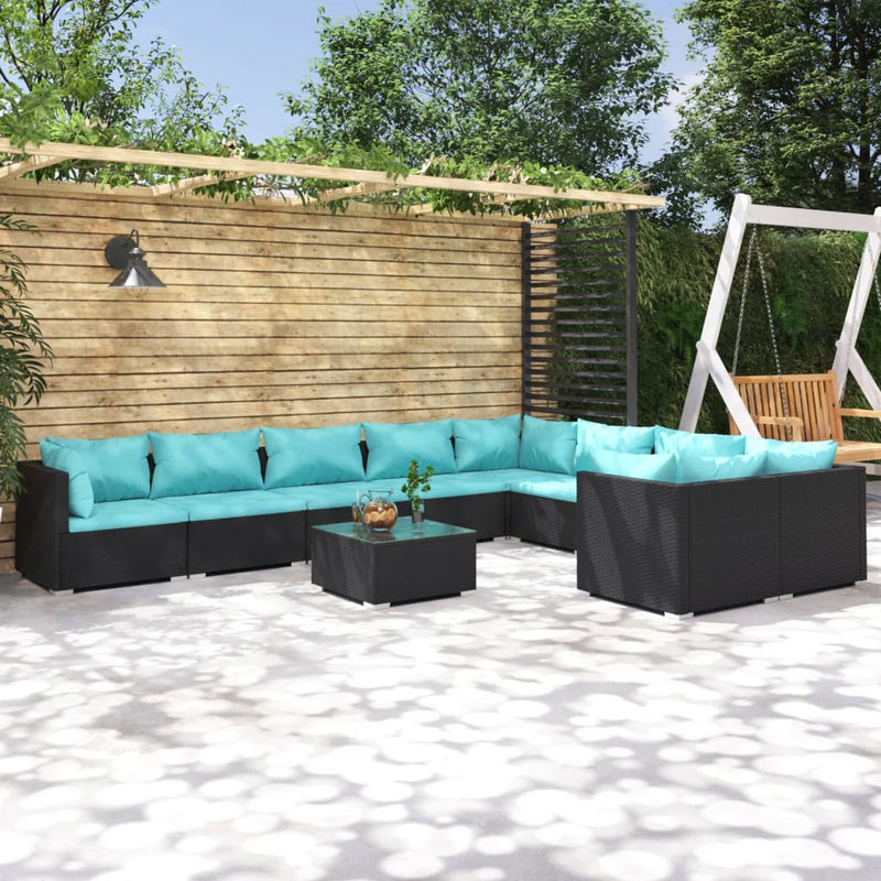 10-delige Loungeset met kussens poly rattan zwart