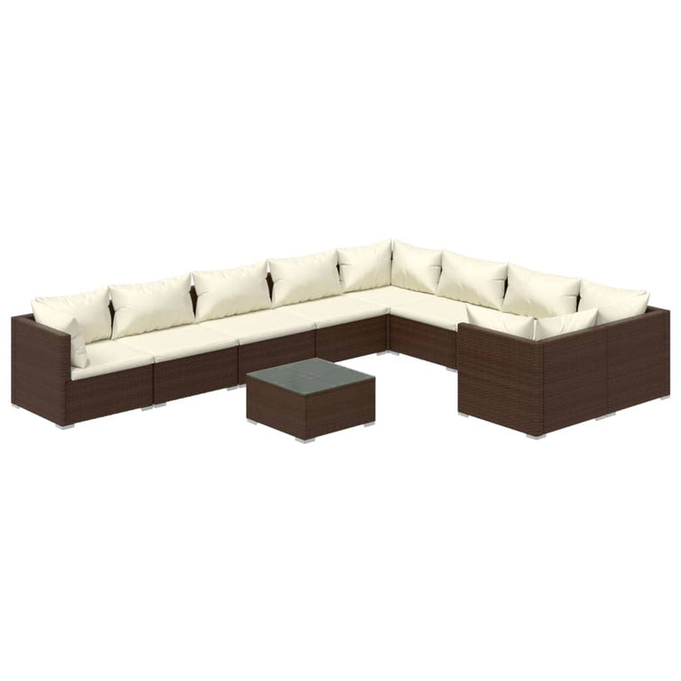 10-delige Loungeset met kussens poly rattan bruin