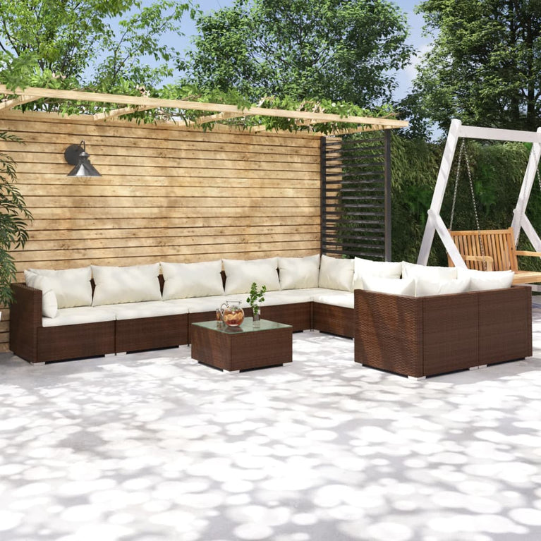 10-delige Loungeset met kussens poly rattan bruin