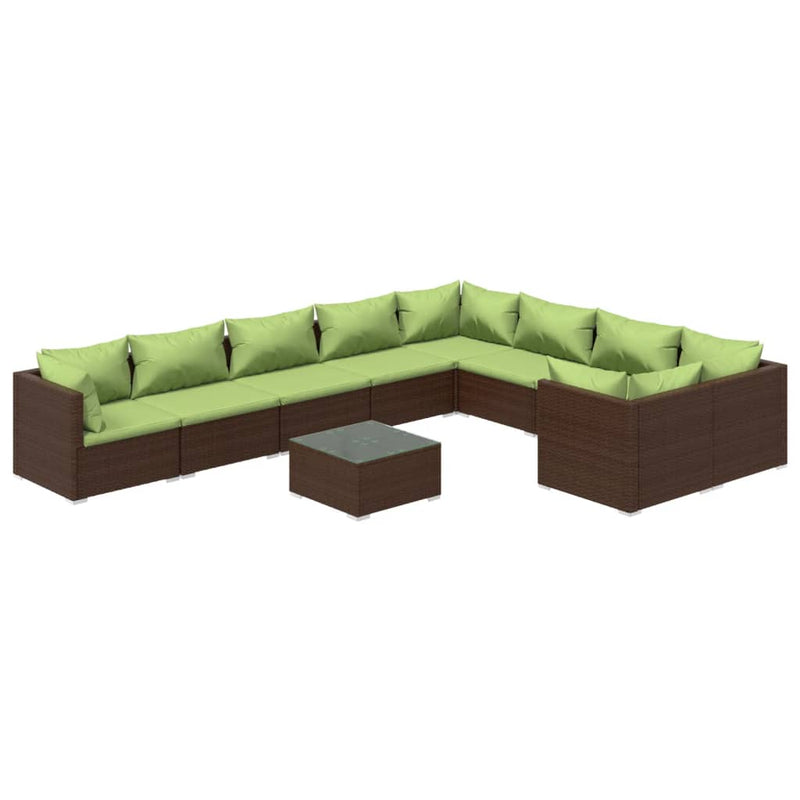 10-delige Loungeset met kussens poly rattan bruin