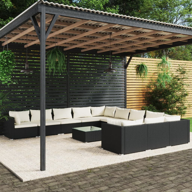12-delige Loungeset met kussens poly rattan zwart