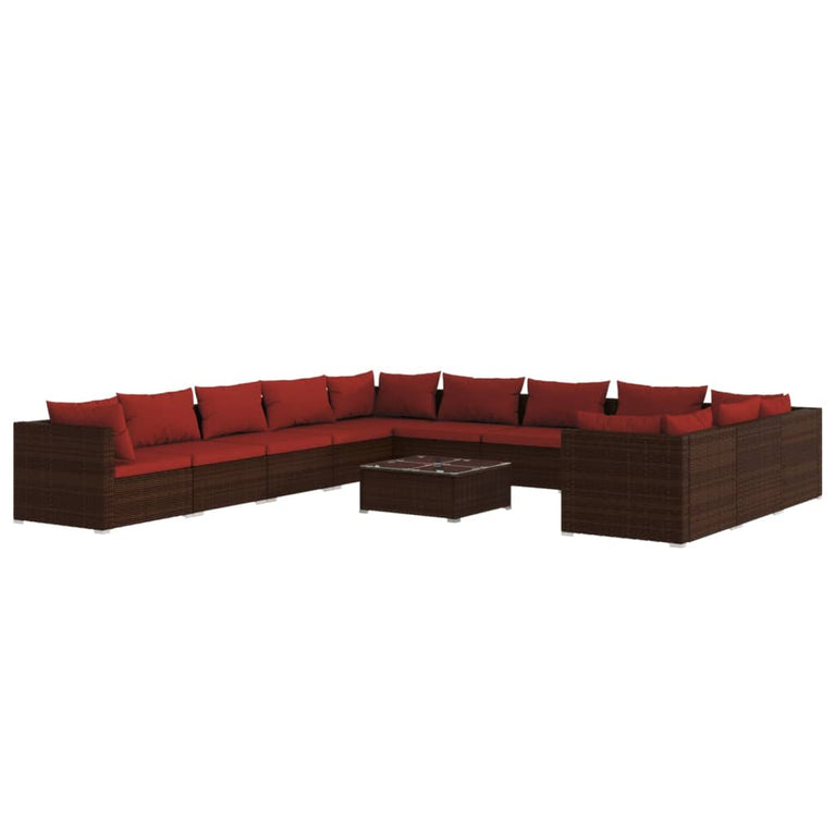 12-delige Loungeset met kussens poly rattan bruin